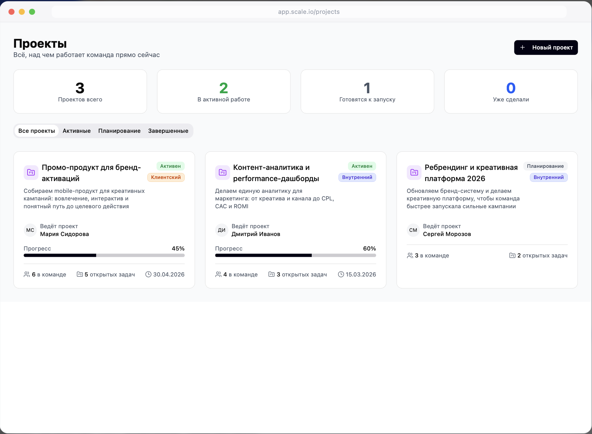 Дашборд проектов с прогрессом и статусами